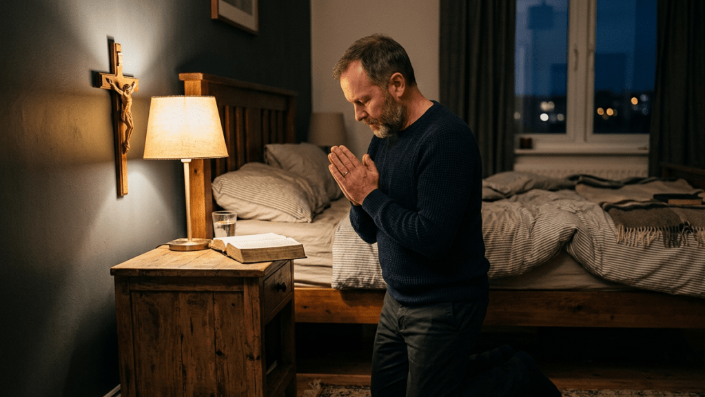 Man kneeling and praying next to bedside table with open Bible and lamp