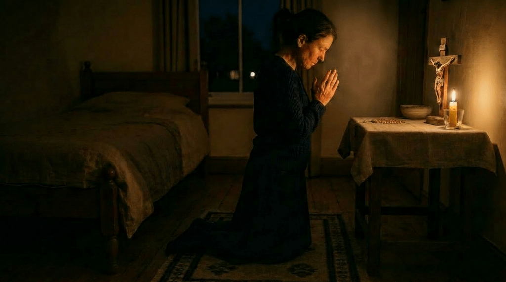 Woman kneeling and praying at home altar with cross, Bible, candle, and rosary